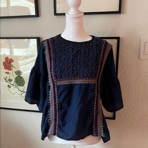 Navy Blue Lace Detail Women's Top